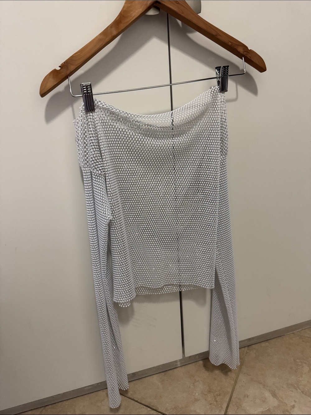 White Textured Mesh top with long sleeves